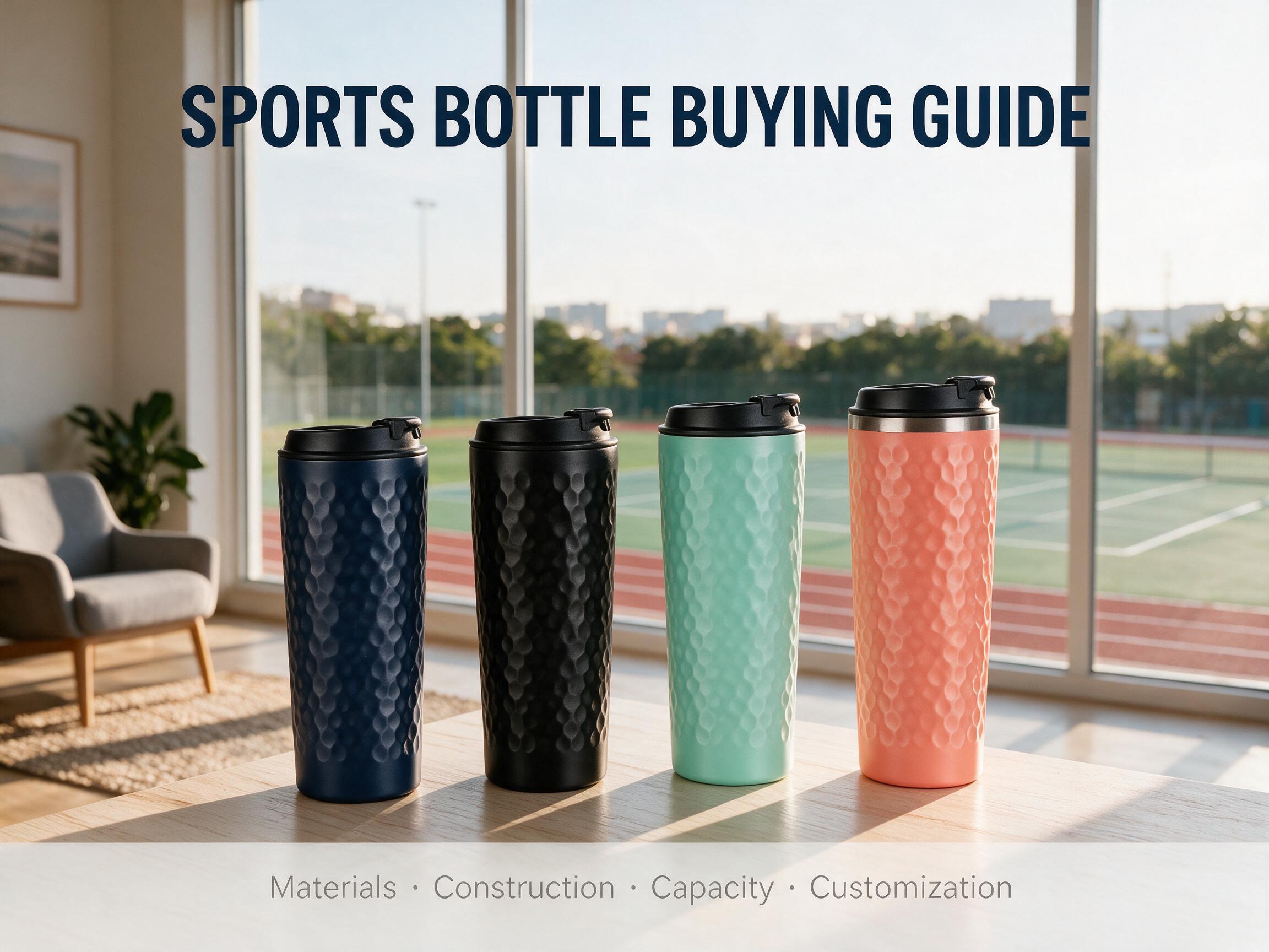 SPORTS BOTTLE BUYING GUIDE - Various sport bottles with materials, construction, capacity and customization text overlay