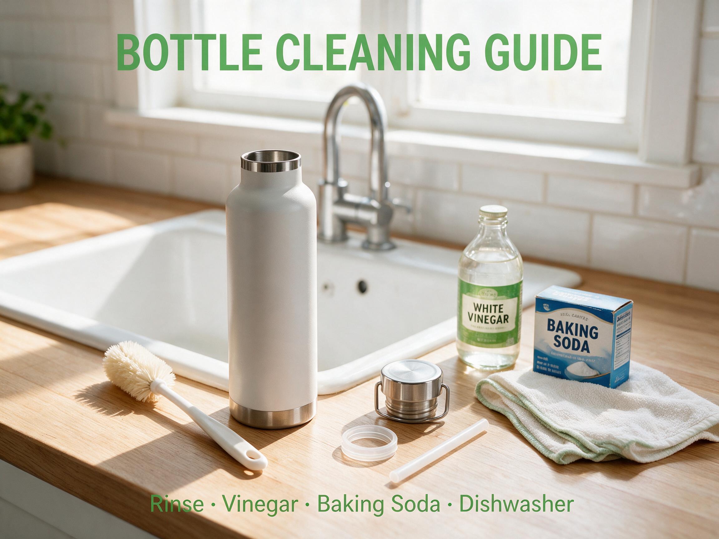 BOTTLE CLEANING GUIDE - Bottle cleaning supplies (rinse, vinegar, baking soda, dishwasher) in bright kitchen