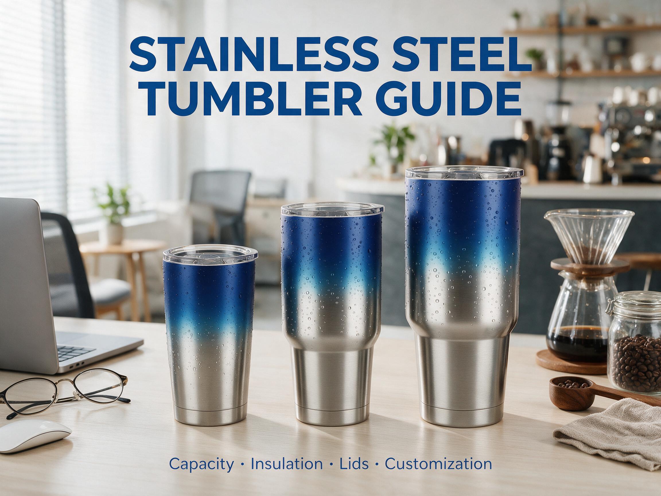 STAINLESS STEEL TUMBLER GUIDE - Three tumbler sizes (capacity, insulation, lids, customization) on office/coffee desk scene