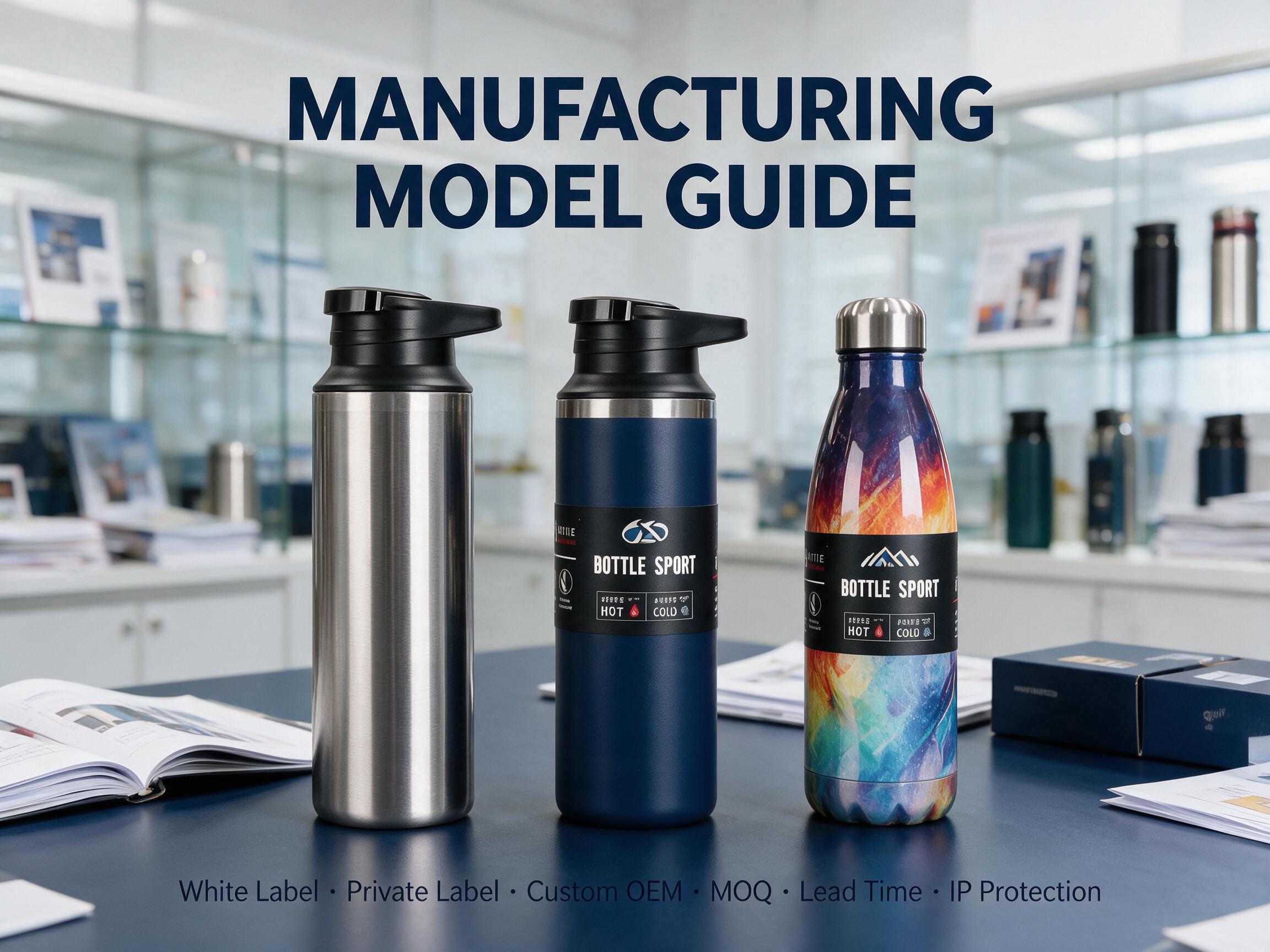 MANUFACTURING MODEL GUIDE - White Label vs Private Label vs Custom OEM comparison bottles on business desk with MOQ lead time IP protection text