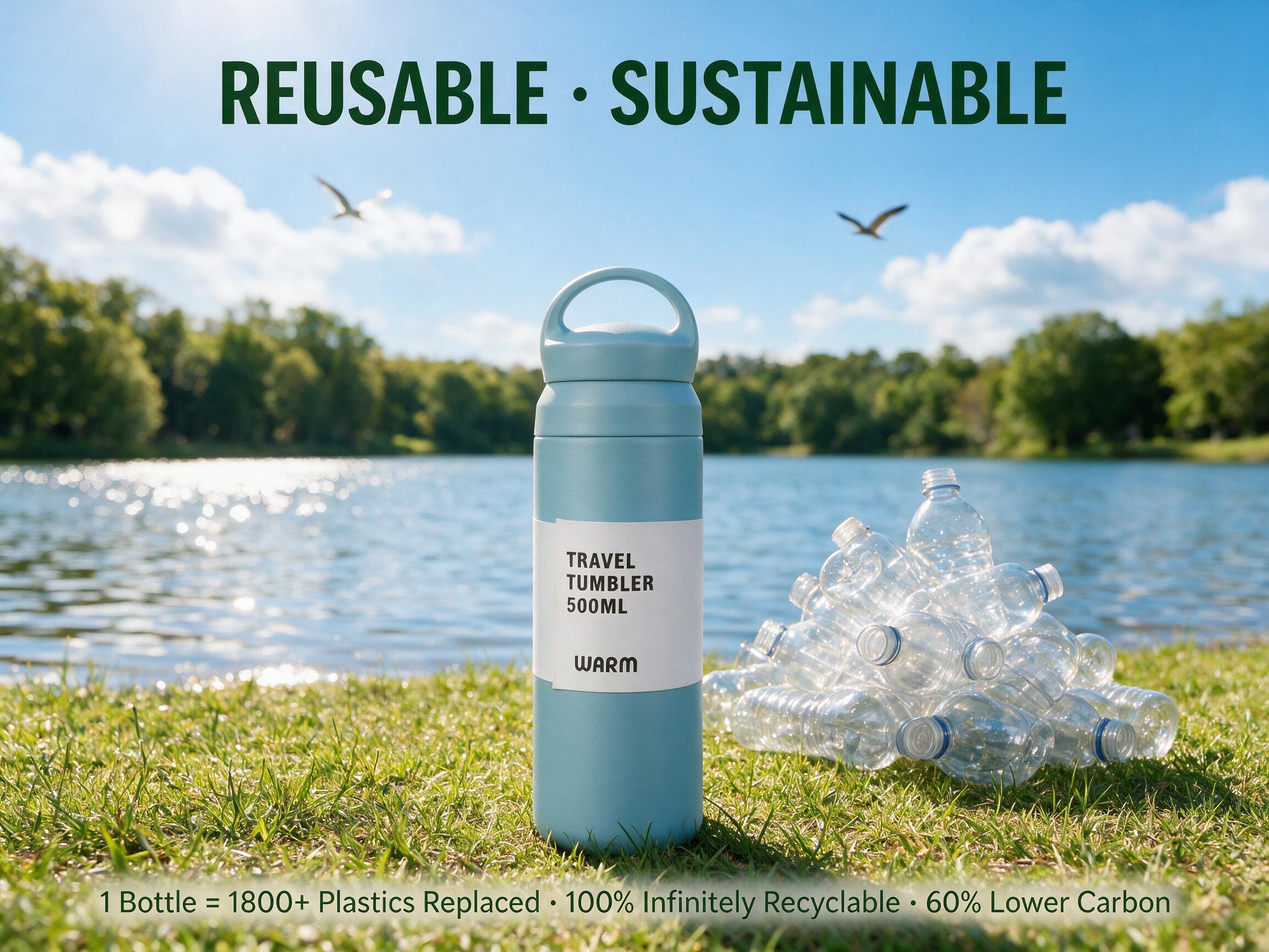 REUSABLE · SUSTAINABLE - Stainless steel bottle in grassland lake scene, message 1 Bottle = 1800+ Plastics Replaced 100% Recyclable 60% Lower Carbon