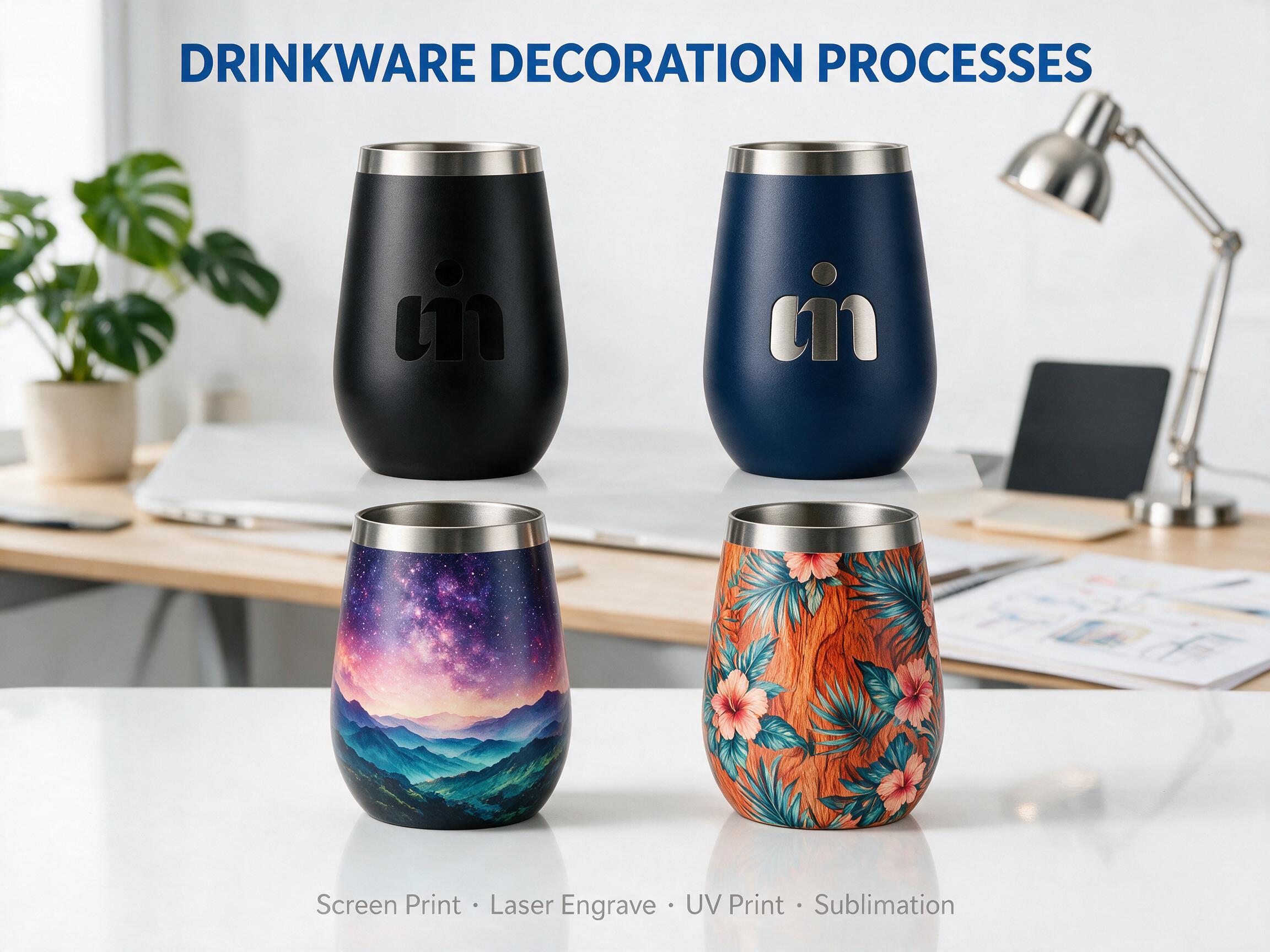 DRINKWARE DECORATION PROCESSES - Four bottles showing Screen Print Laser Engrave UV Print Sublimation text overlay, design studio scene