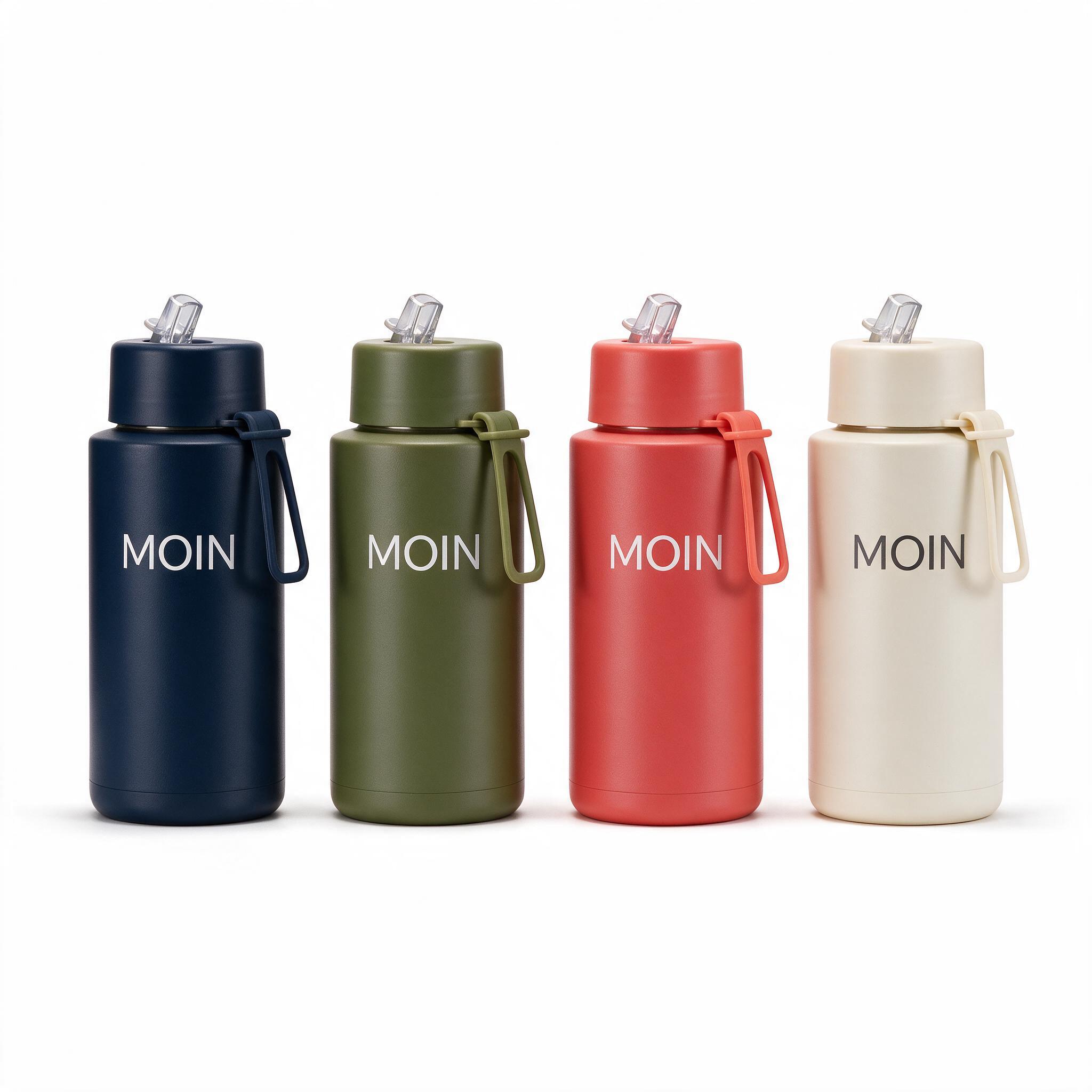 4 Pantone colored bottles with UV-printed MOIN logo showing color and logo customization