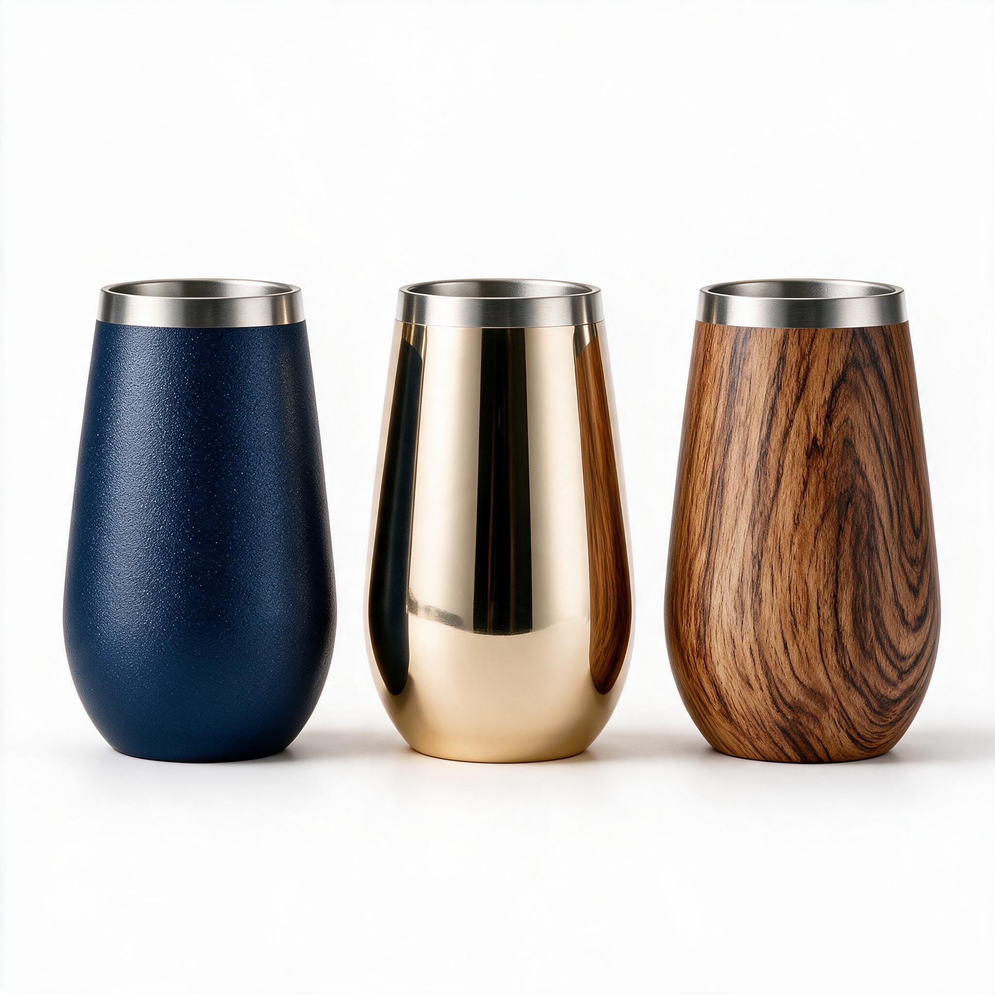 Three finishing processes: matte blue powder coat, champagne gold electroplating, and natural wood grain water transfer